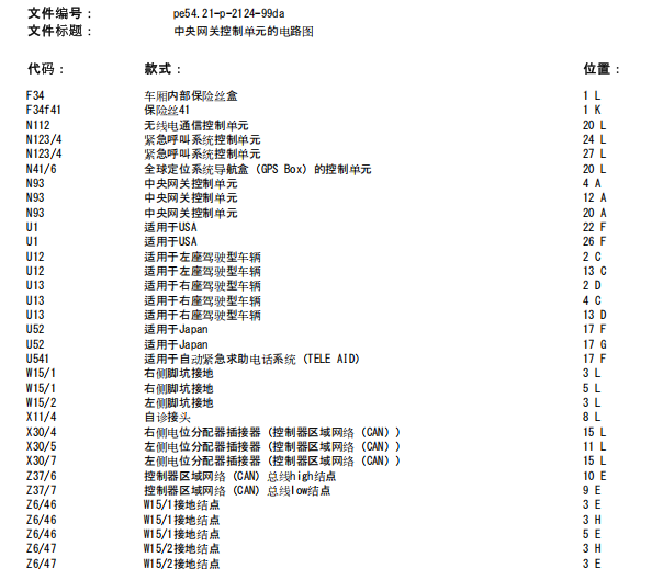 2008年奔驰E230 网关电路图和位置