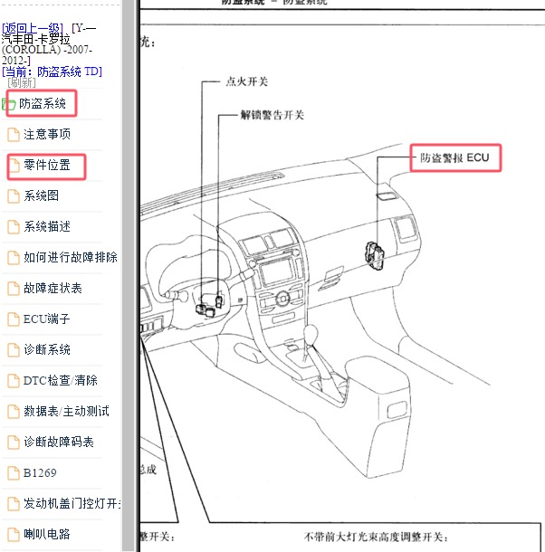 2007-2012年丰田卡罗拉防盗电脑位置