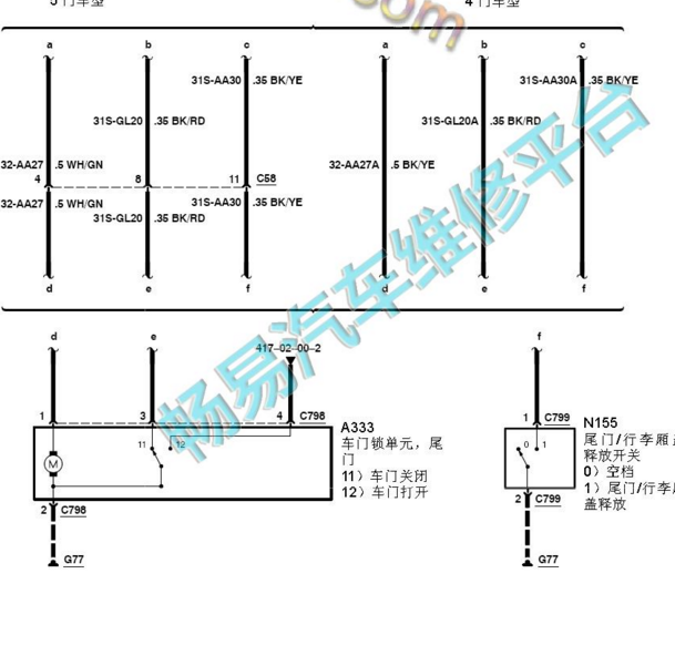 2014-2016年长安福克斯尾门锁电路图