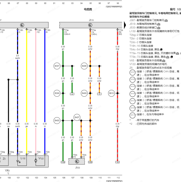 2023年奥迪A7右后视镜电路图