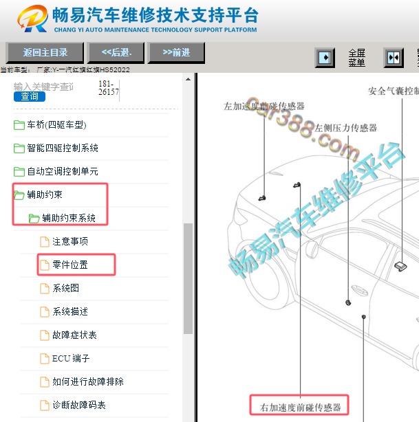 2022年一汽红旗HS5 右加速度前碰撞传感器位置