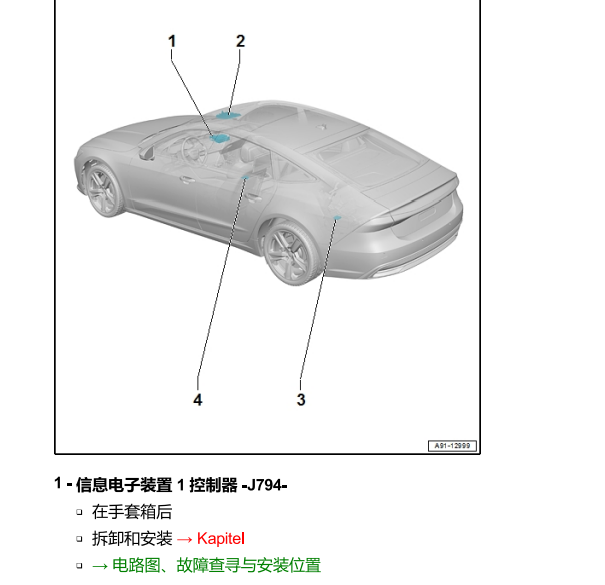 2020年奥迪A6L 电子通讯信息设备1 J794 安装位置