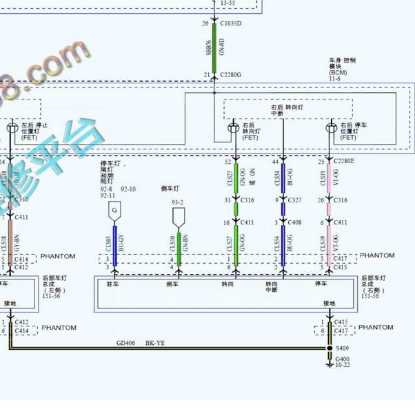2018年福特猛禽F150 车身模块到尾灯电路图