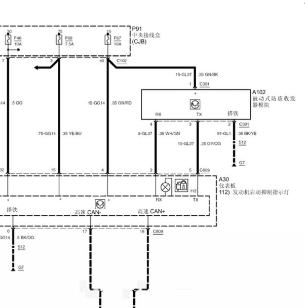 2005年福特福克斯防盗到仪表电路图