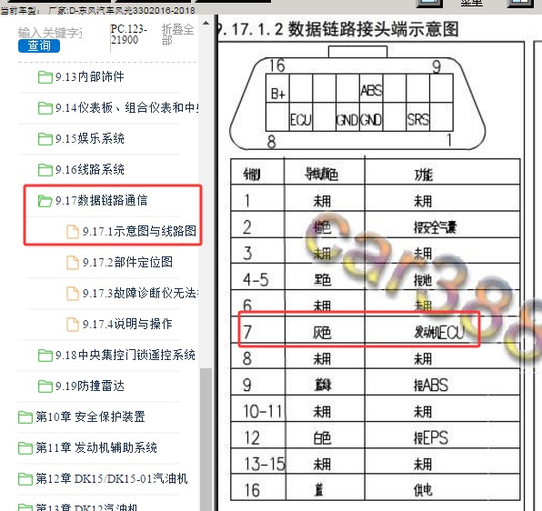 2016年东风风光330 发动机CAN针脚资料