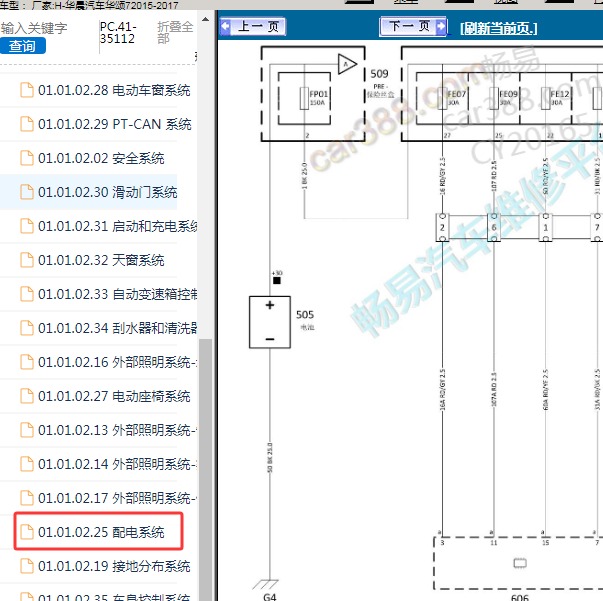 2015-2017年华晨汽车-华颂7 配电电路图