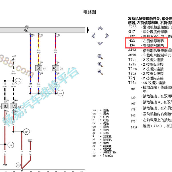 2018-2020年大众宝来信号喇叭电路图