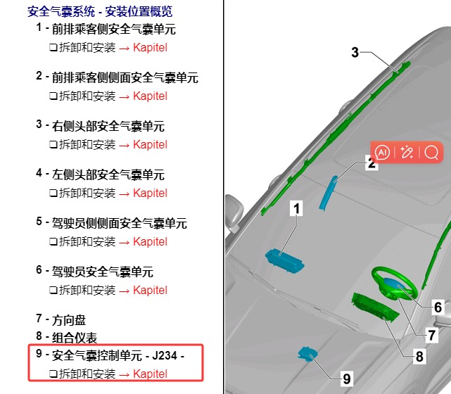 2020年大众途岳安全气囊电脑位置资料