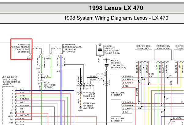 1998年雷克萨斯LX470凸轮轴位置传感器电路图和发动机针脚资料