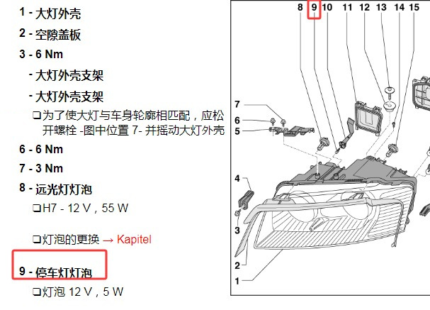 2007年奥迪A8L停车灯位置资料