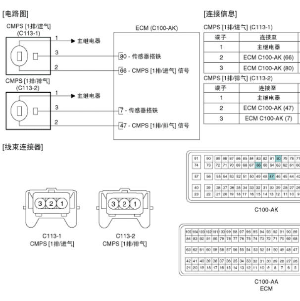 2017年现代名图发动机凸轮轴传感器电路图和针脚图