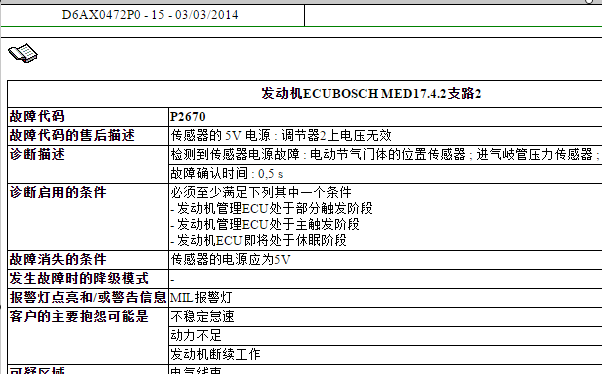 2013年标致3008发动机P2670故障码资料