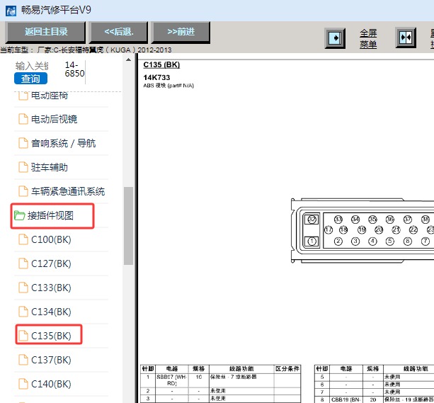 2012-2013年长安福特翼虎ABS针脚资料