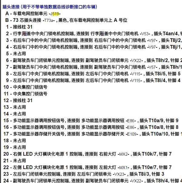2019年大众朗逸J519针脚定义