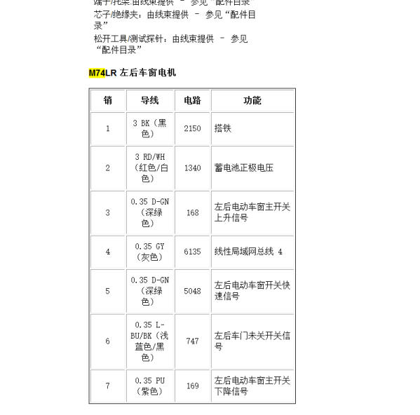 2010年别克君越左后车窗电机7线针脚定义