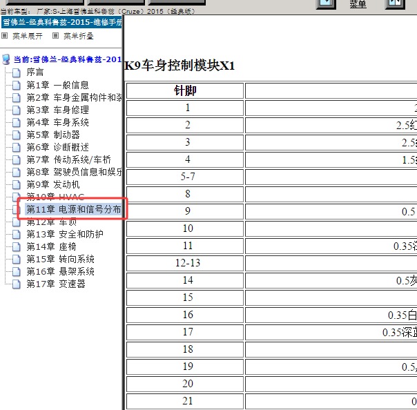 2015年雪佛兰科鲁兹车身模块针脚资料
