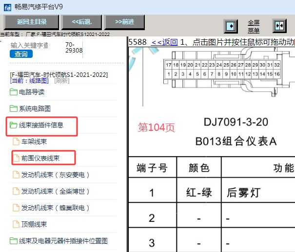 2021-2022年福田时代领航S1仪表针脚资料