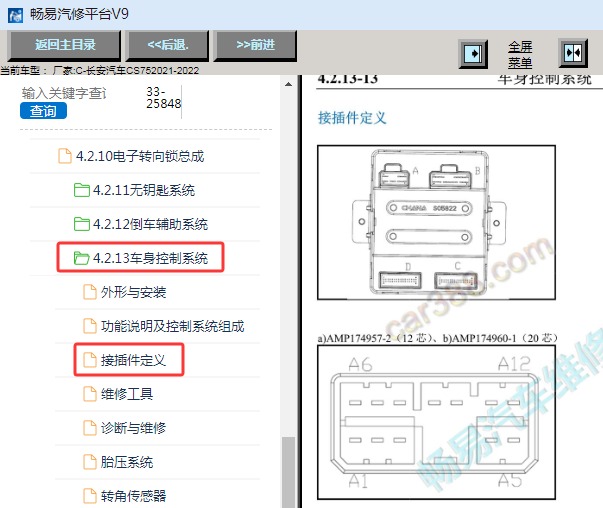 2021-2022年长安CS75车身电脑针脚资料