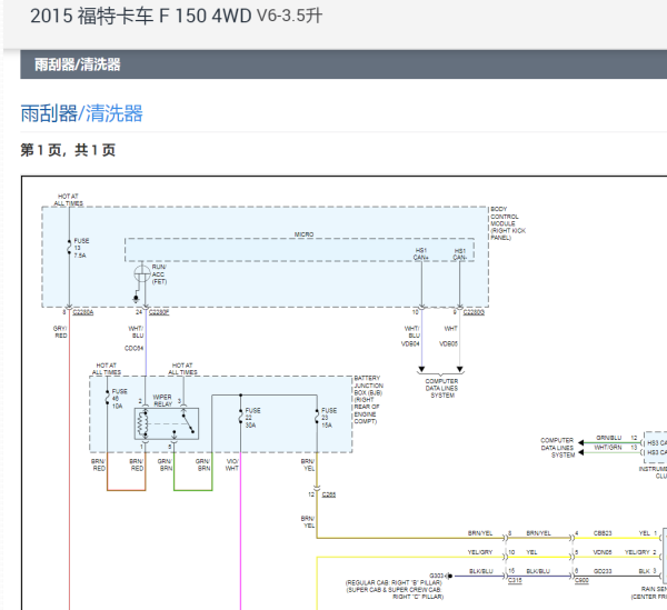 2015年福特猛禽F-150雨刮电路图资料