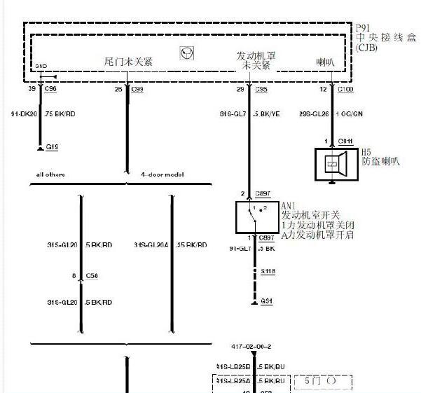 2011年福特福克斯机盖锁电路图