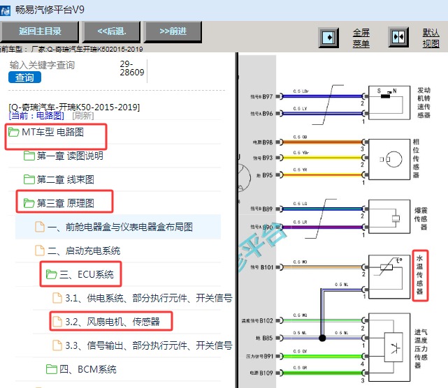 2015-2019年奇瑞汽车开瑞K50水温传感器电路图