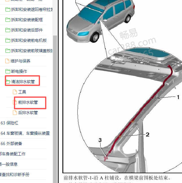 2011-2015年大众夏朗天窗前排水管资料