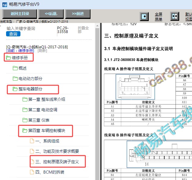 2017-2018年奇瑞新能源eQ1车身电脑针脚资料