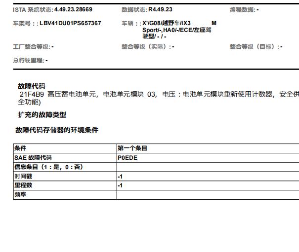 2022年宝马iX3 21F4B9故障码资料