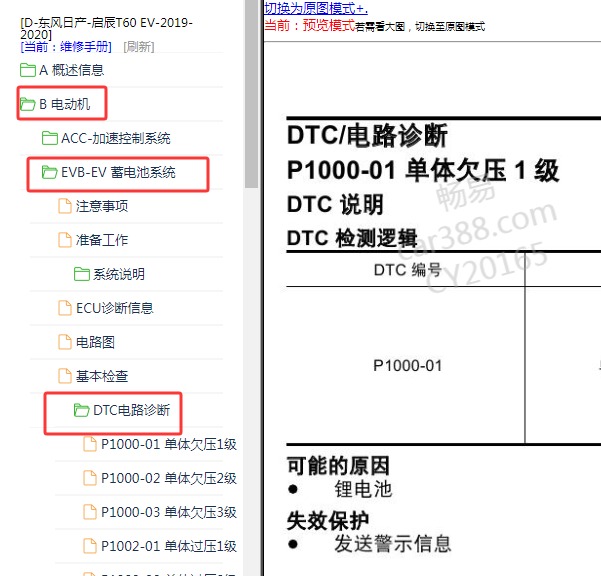 2020年东风日产启辰T60 EV蓄电池故障码资料