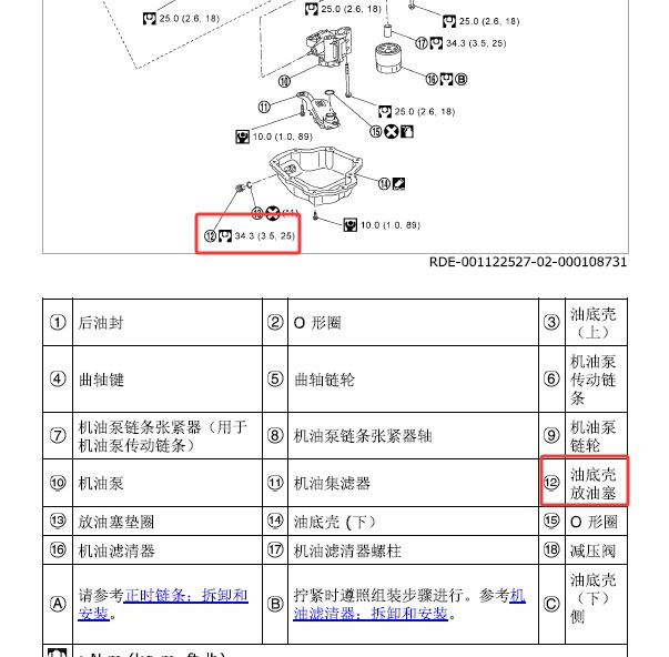 2020年日产轩逸机油放油螺栓扭矩资料