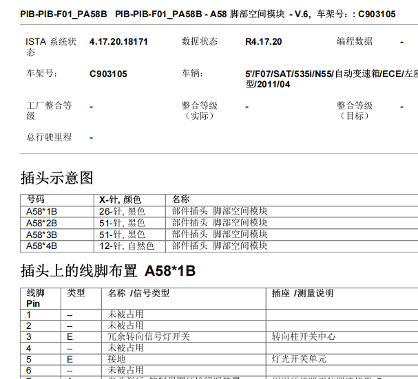 2011年宝马535i脚部空间模块针脚资料