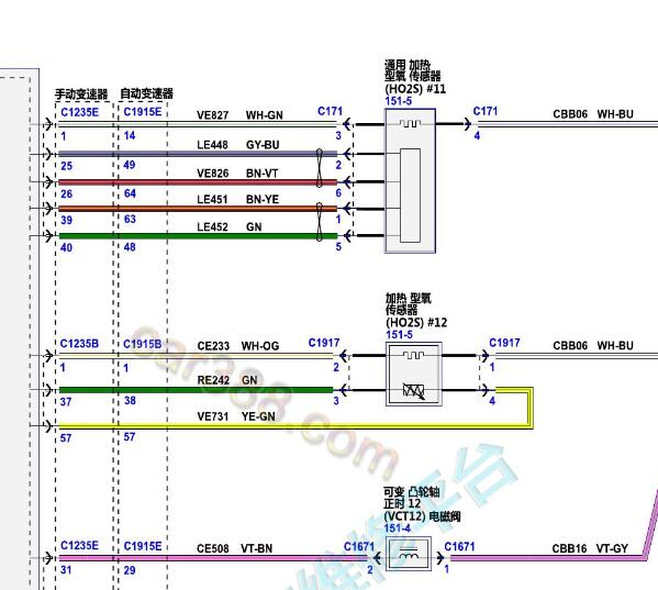 2017年福特福克斯发动机氧传感器电路图