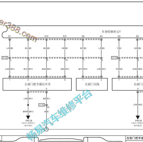 2019年红旗HS5门把手到车身电脑电路图