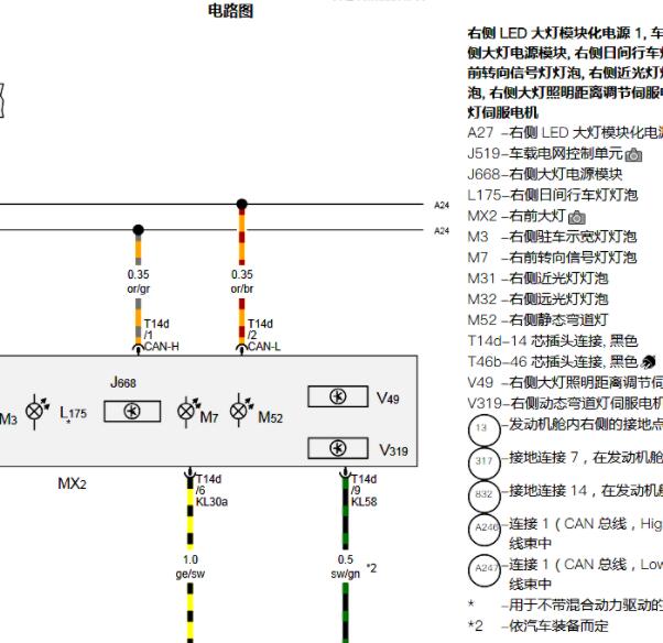 2023年大众帕萨特右侧大灯电路图