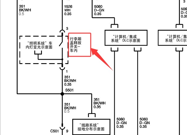 2009年凯迪拉克SLS 赛威杂物箱处后备箱释放开关电路图资料