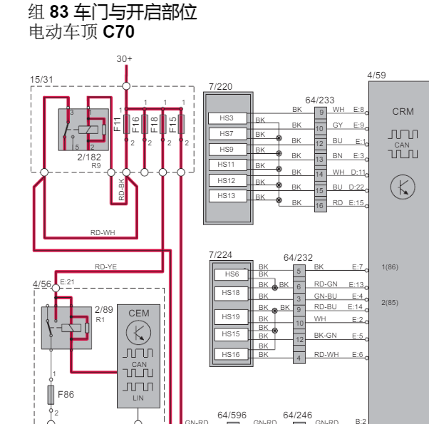 2010年沃尔沃C70 电动车顶电路图和维修手册